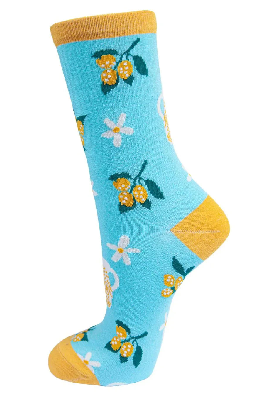 4440DEMU Floral Lemon Blue Bamboo Socks