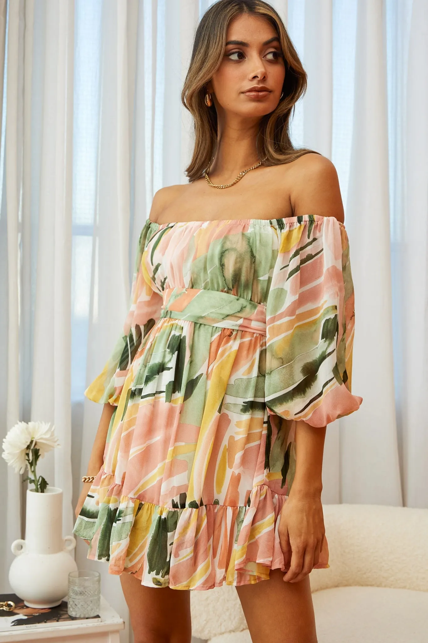 Abby Off-Shoulder Tie-Up Back Dress Watercolor Print Multi