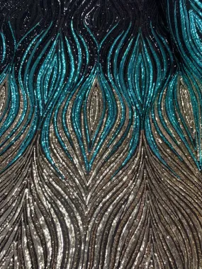 Black Gold Green On Black Mesh Iridescent Fabric/ Embroidery 4 Way Stretch Sequin Fabric