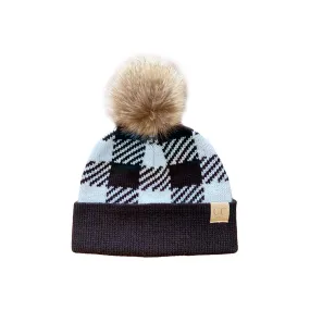 BP-43-KIDS Buffalo Plaid Beanie w/Faux Fur Pom - White/Black