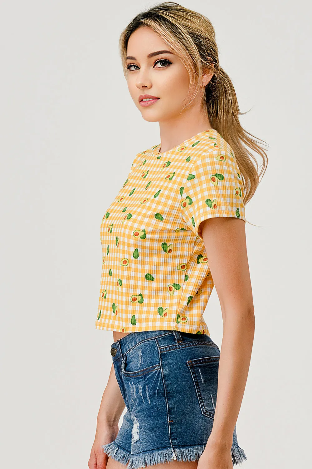 Crop Rib Knit Short Sleeve Tops with Matching Scrunchie - Yellow Avocado Plaid