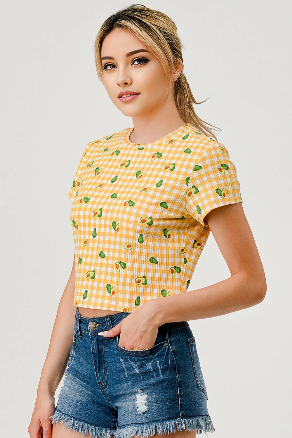 Crop Rib Knit Short Sleeve Tops with Matching Scrunchie - Yellow Avocado Plaid