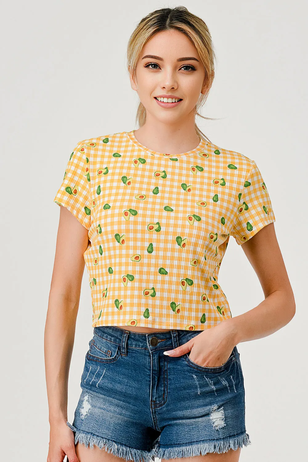 Crop Rib Knit Short Sleeve Tops with Matching Scrunchie - Yellow Avocado Plaid