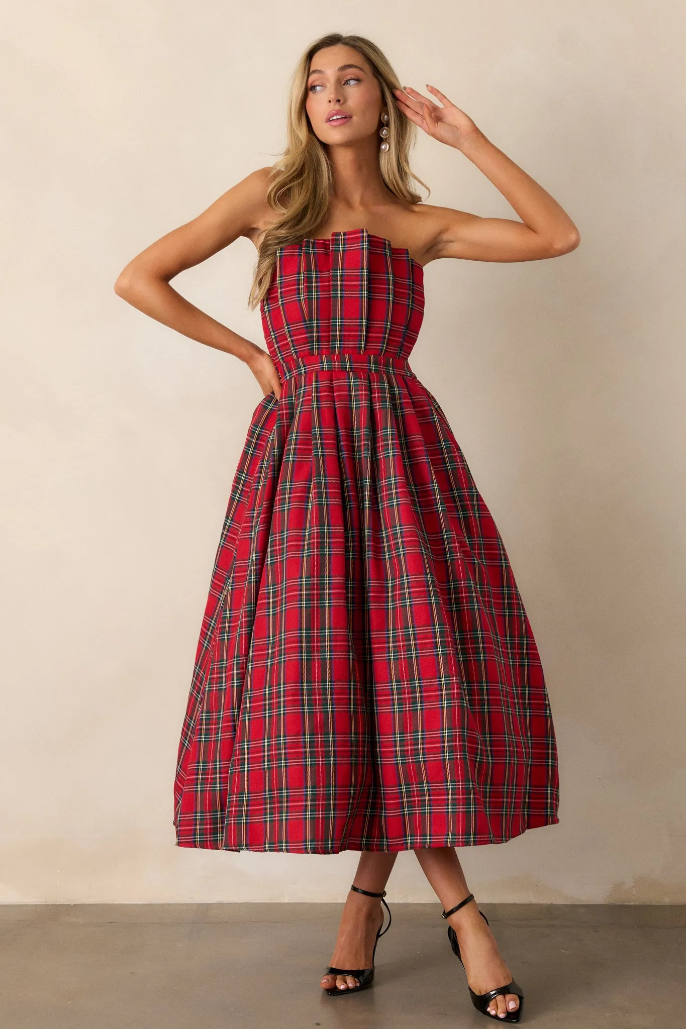 Crystal Dreams Red Plaid Strapless Midi Dress