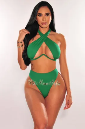 Emerald Halter Underwire CrissCross Tie Up Scrunch Butt Bikini Top