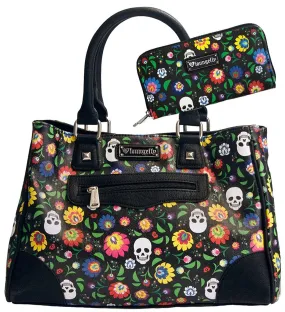 Floral & White Skull Print Tote & Wallet SET