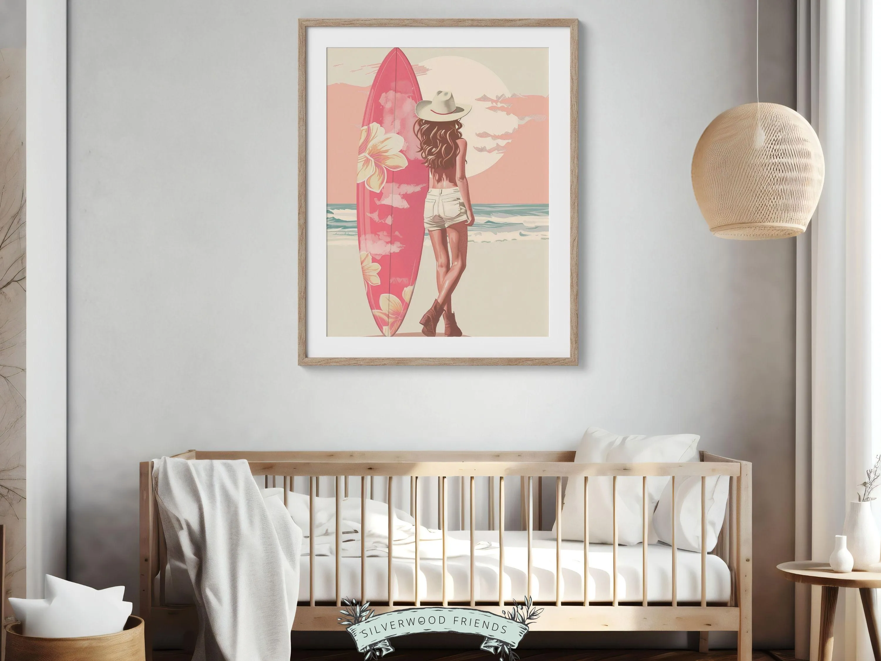 Girl Surfer Pink Surfboard Print - 001