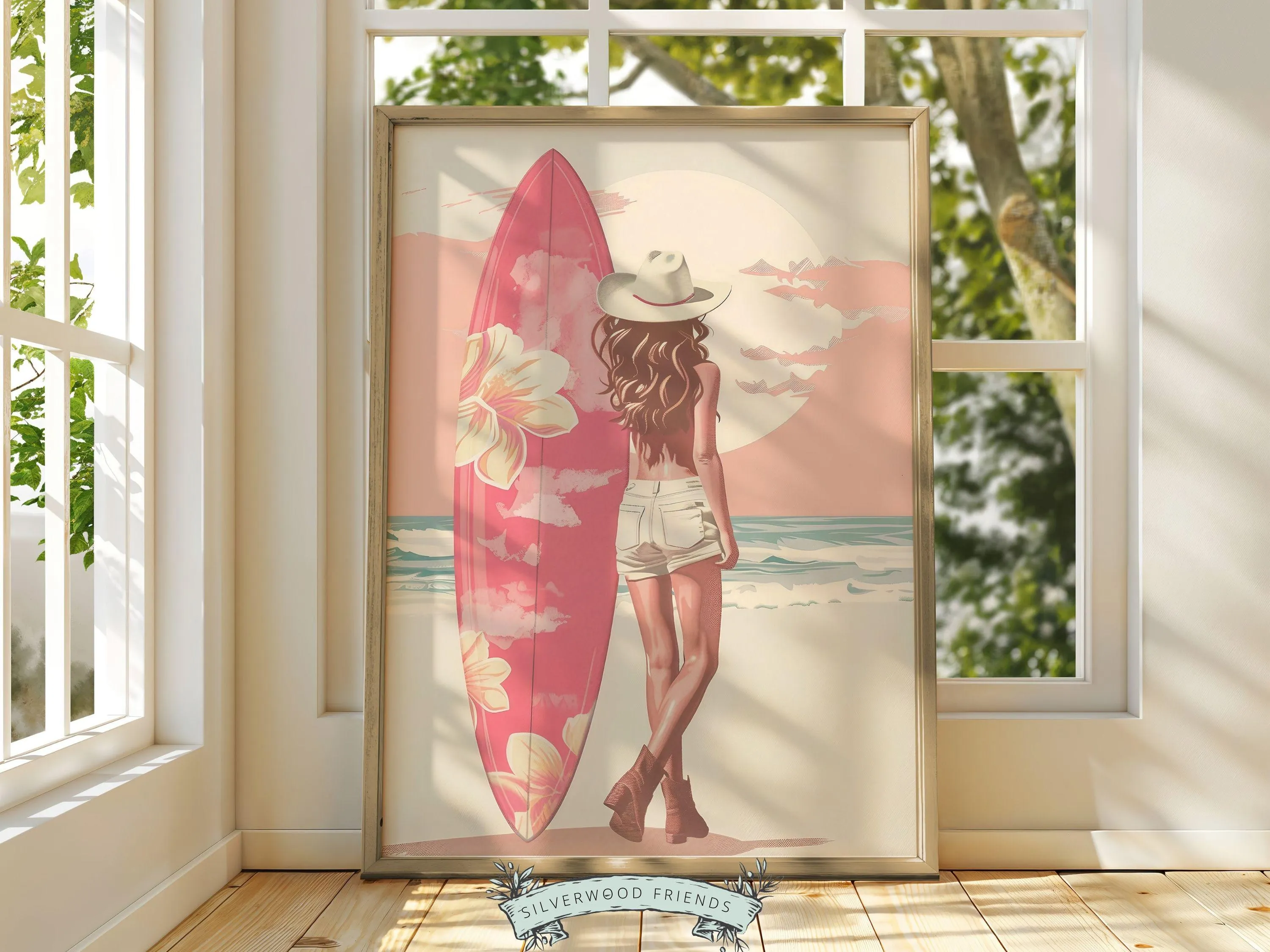 Girl Surfer Pink Surfboard Print - 001