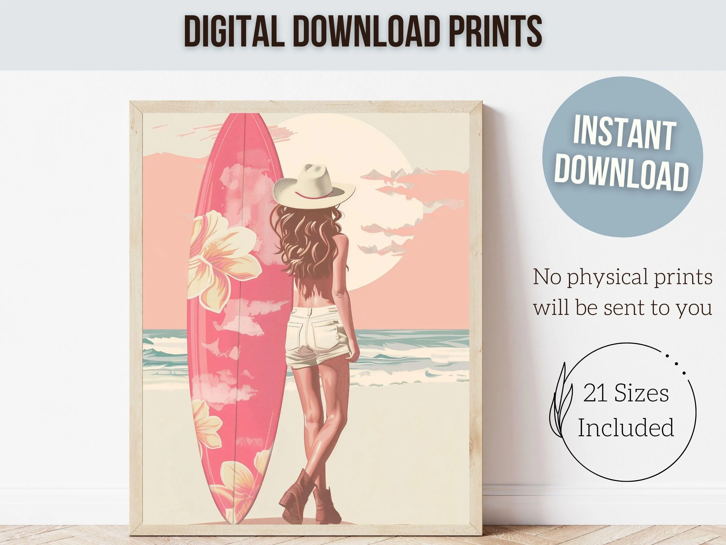 Girl Surfer Pink Surfboard Print - 001