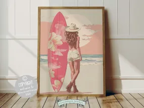 Girl Surfer Pink Surfboard Print - 001