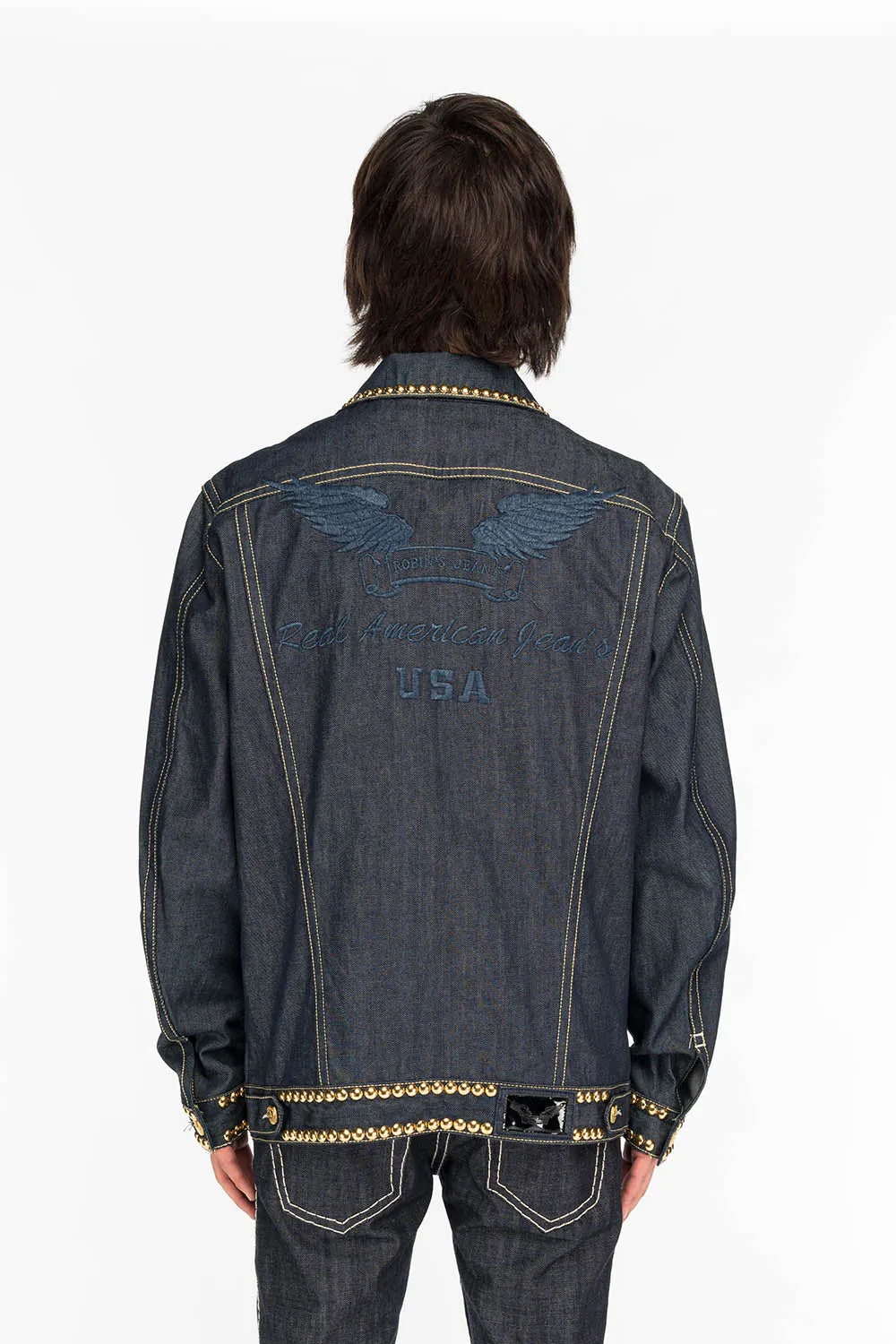 MENS DENIM JACKET IN RAW DENIM WITH HEAVY ORANGE STITCHING EMBROIDERY AND CRYSTALS