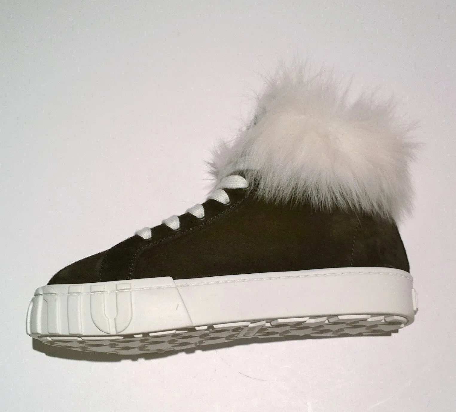 Miu Miu Winter High Top Faux Fur Sneaker Ankle Boots in Black Suede