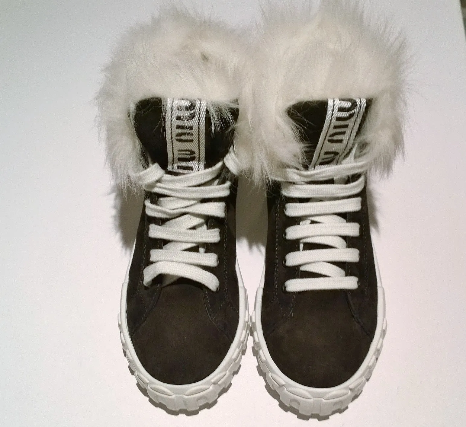 Miu Miu Winter High Top Faux Fur Sneaker Ankle Boots in Black Suede