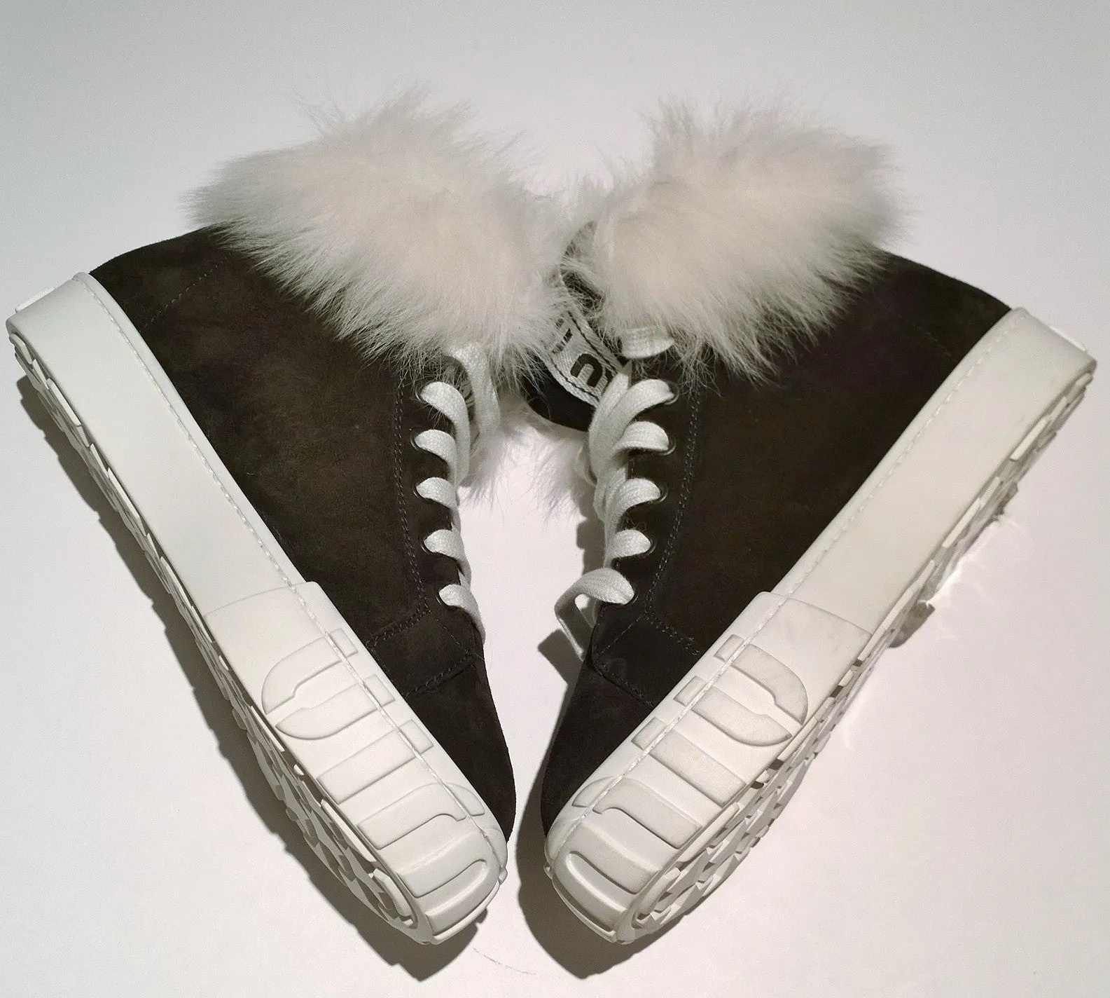 Miu Miu Winter High Top Faux Fur Sneaker Ankle Boots in Black Suede