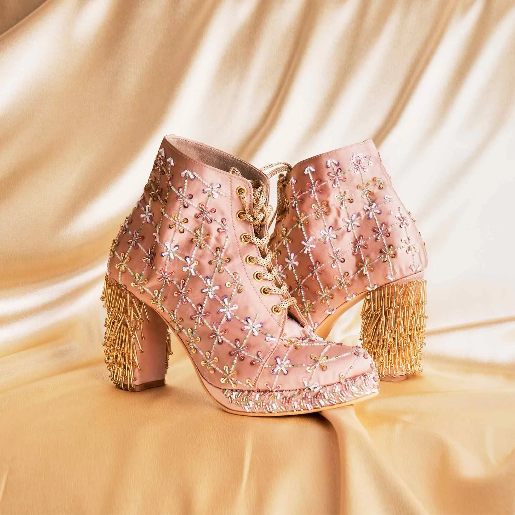 Rose-Gold Embroidered Customized Bridal Sneaker Block Heels I Tiesta Shoes