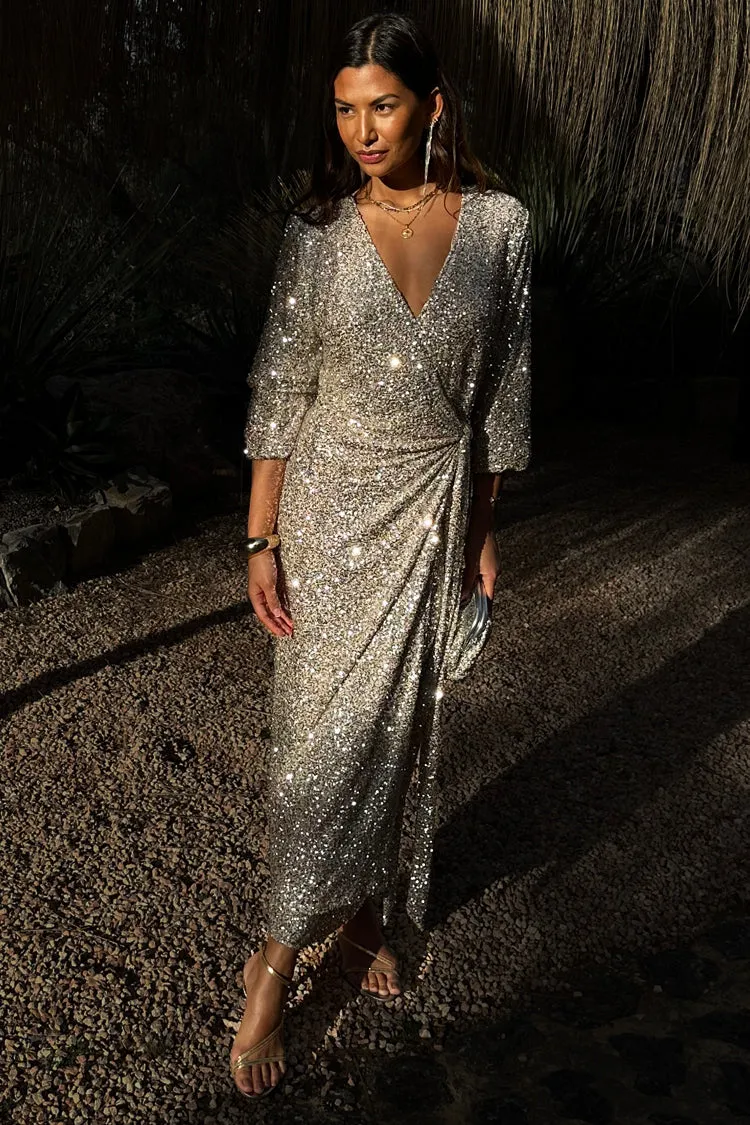 Silver Sequin Kira Wrap Dress Petite