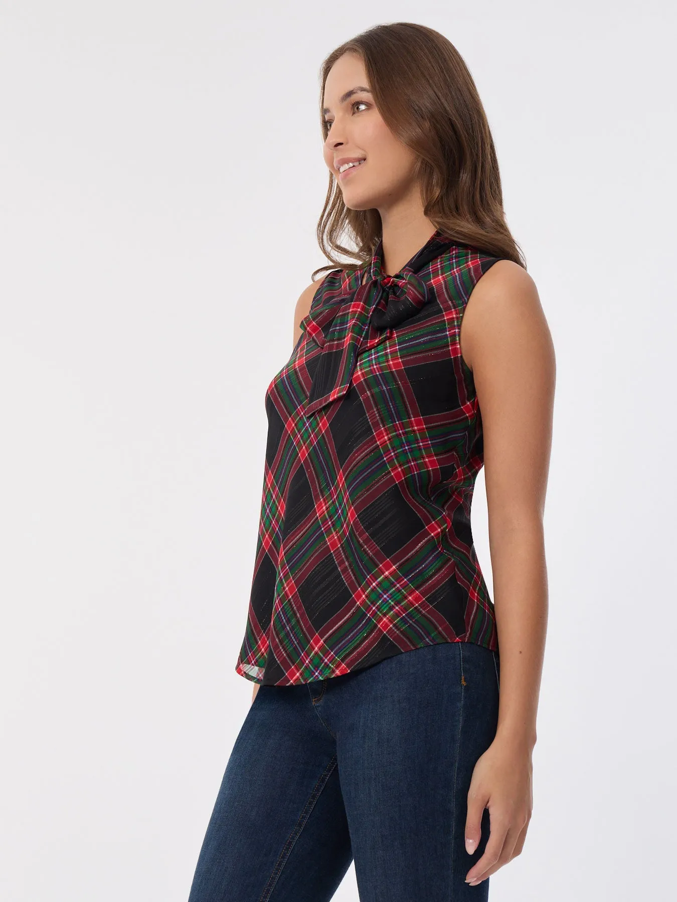 Sleeveless Bow Blouse, Plaid