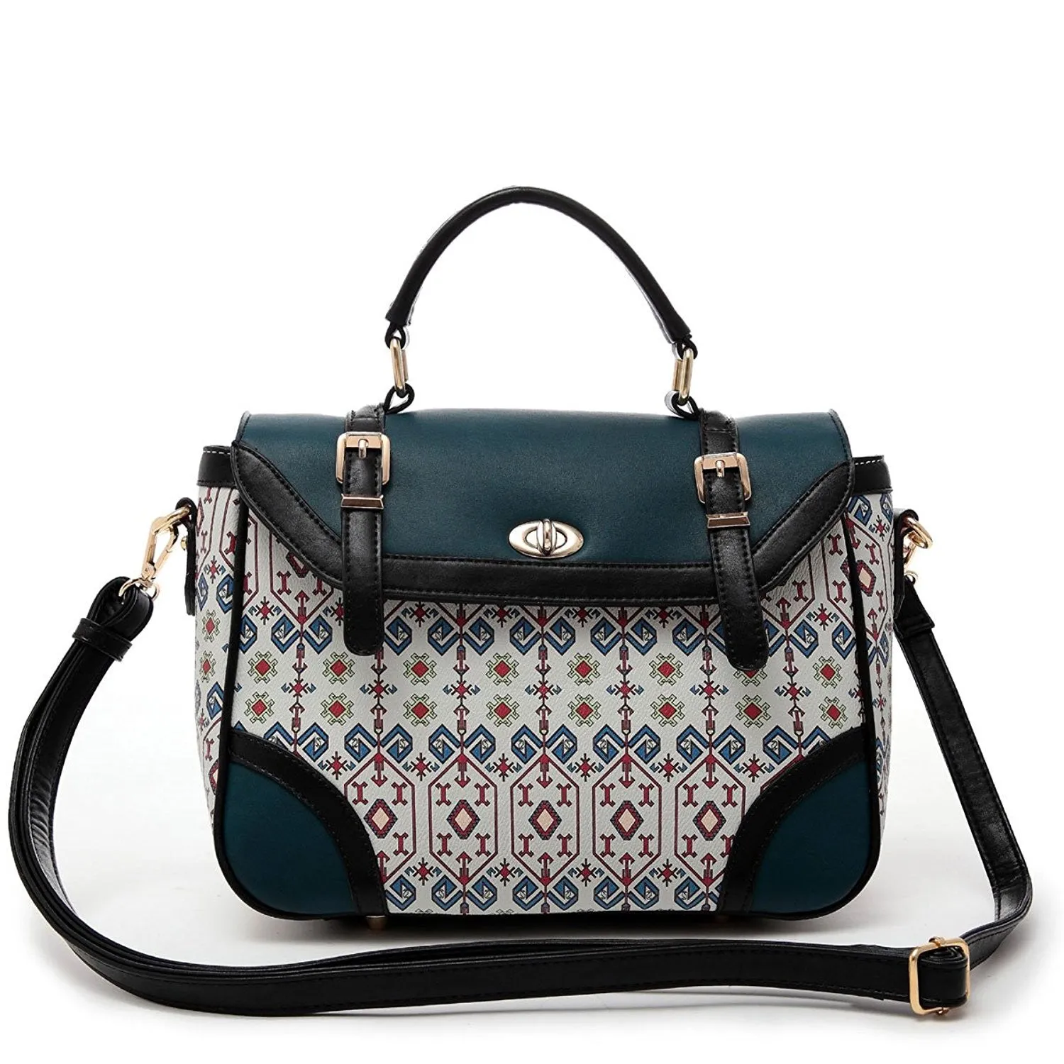 Tribal Print Accented Flap Over Closure Satchel Crossbody Handbag Purse