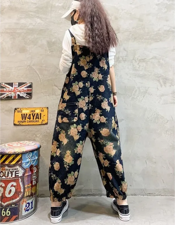 Vintage Printed Casual Denim Jumpsuit