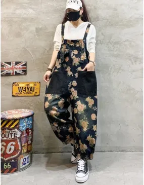 Vintage Printed Casual Denim Jumpsuit